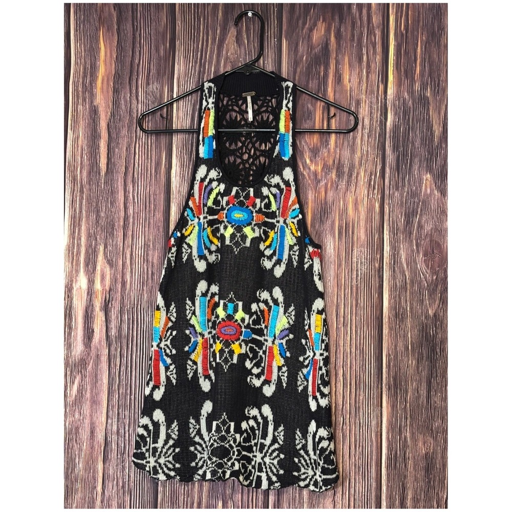 Free People Crochet Tunic Womens XS Flower Power Black Multi Cotton Knit Stretch